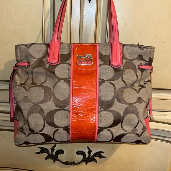 Coach Signature Coral Patent Leather/Canvas Tote - Picture 1 of 12